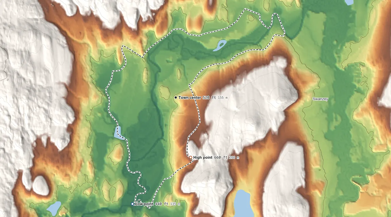 Topographic elevation map of West Swanzey, New Hampshire, shaded from 440 ft on the south side to 660 ft on the south side