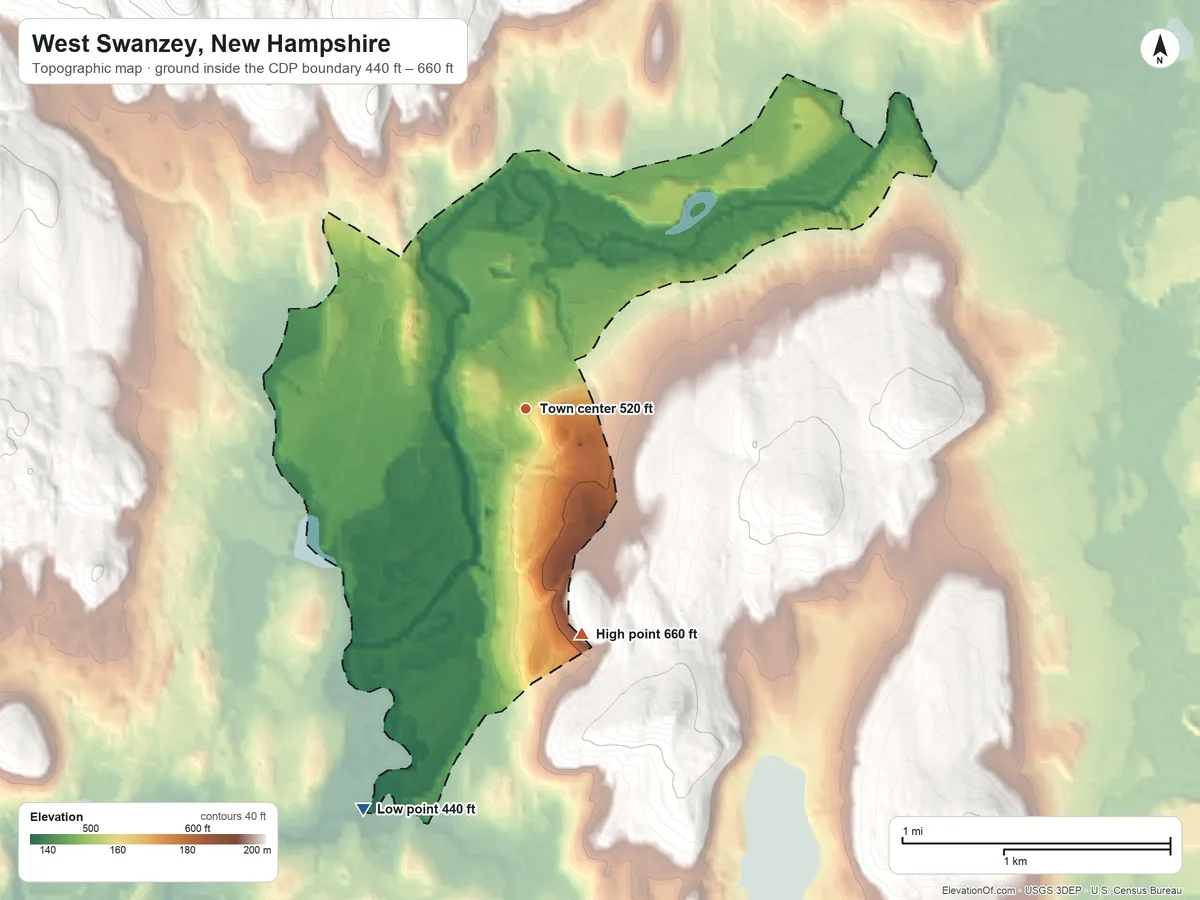 Topographic elevation map of West Swanzey, New Hampshire, shaded from 440 ft on the south side to 660 ft on the south side