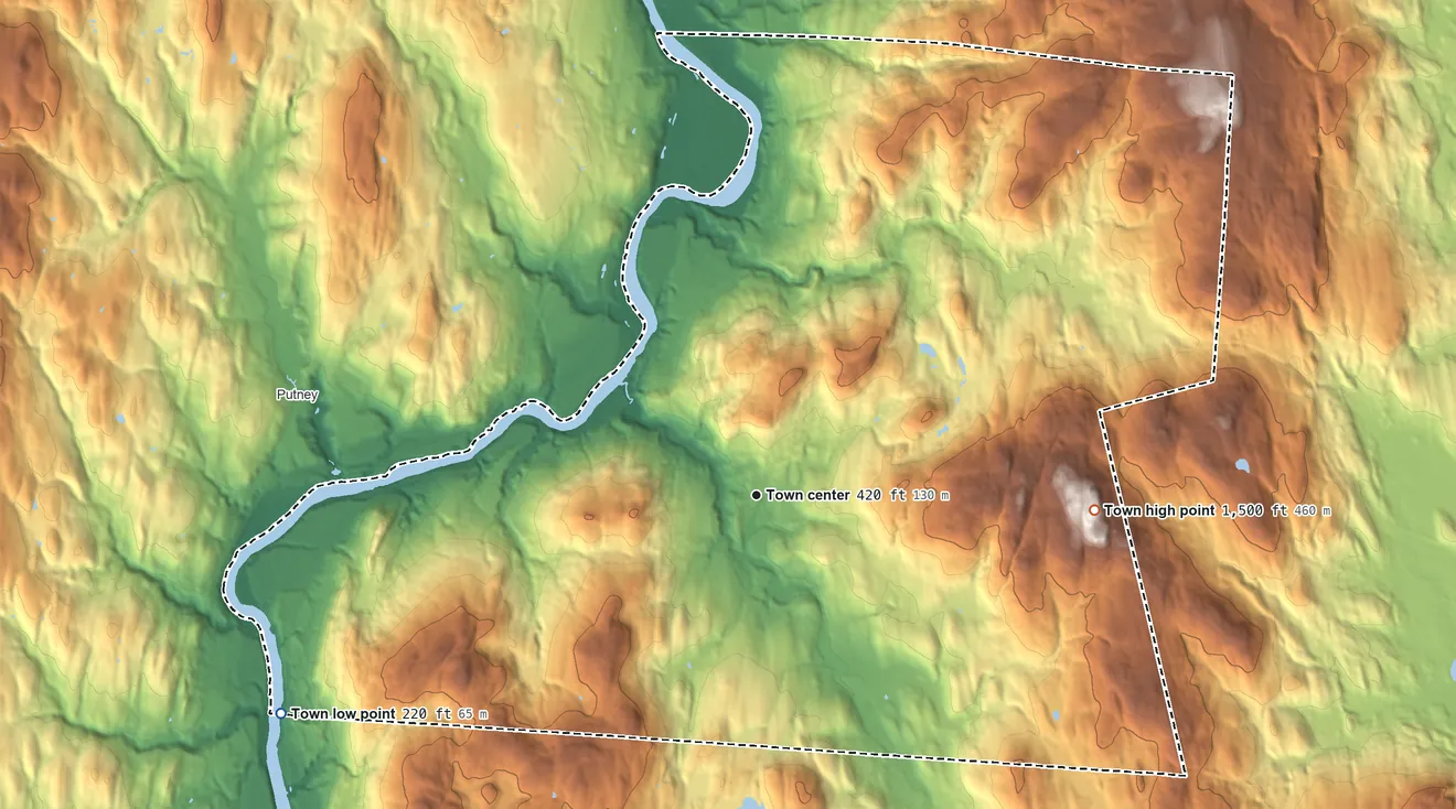 Topographic elevation map of Westmoreland, New Hampshire, shaded from 220 ft on the southwest side to 1,504 ft on Hyland Hill