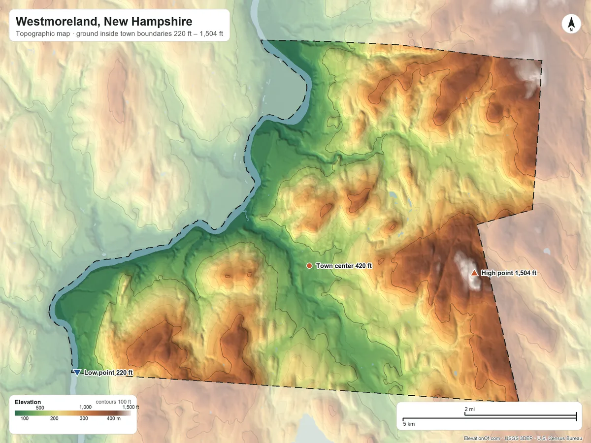 Topographic elevation map of Westmoreland, New Hampshire, shaded from 220 ft on the southwest side to 1,504 ft on Hyland Hill