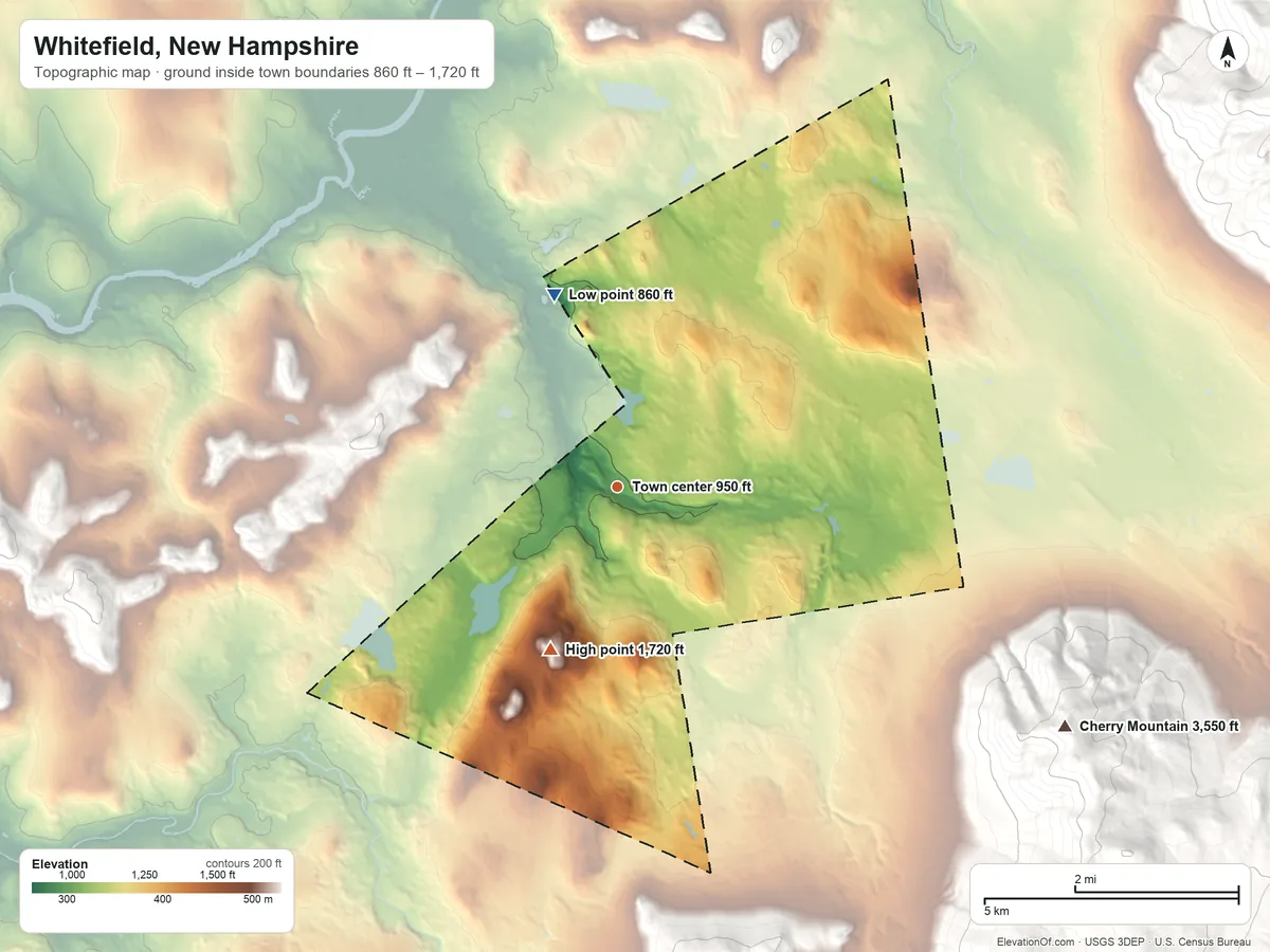 Topographic elevation map of Whitefield, New Hampshire, shaded from 860 ft on the north side to 1,720 ft on Kimbal Hill