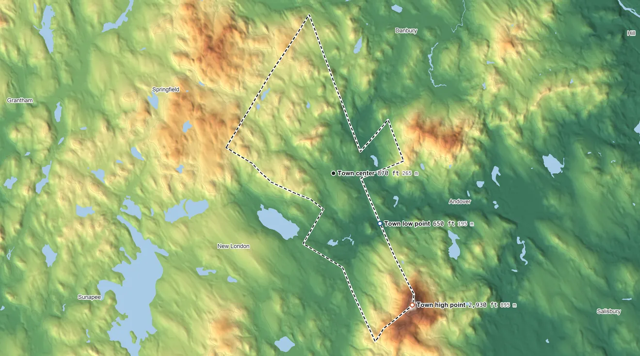 Topographic elevation map of Wilmot, New Hampshire, shaded from 650 ft on the southeast side to 2,930 ft on Mount Kearsarge