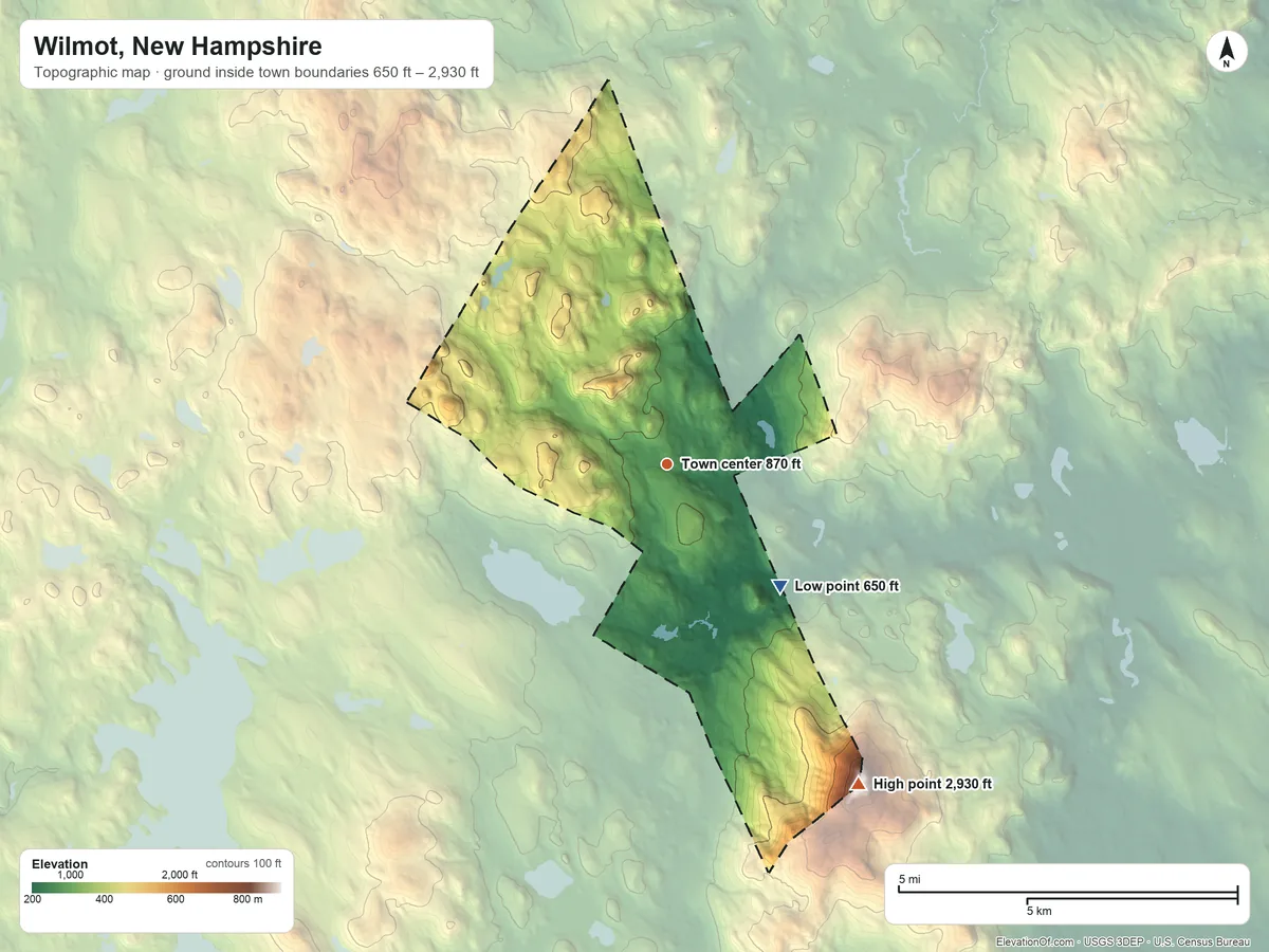 Topographic elevation map of Wilmot, New Hampshire, shaded from 650 ft on the southeast side to 2,930 ft on Mount Kearsarge