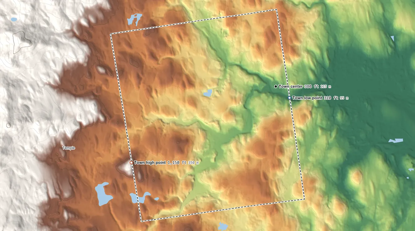 Topographic elevation map of Wilton, New Hampshire, shaded from 310 ft near the middle to 1,150 ft on the southwest edge, below higher ground just outside