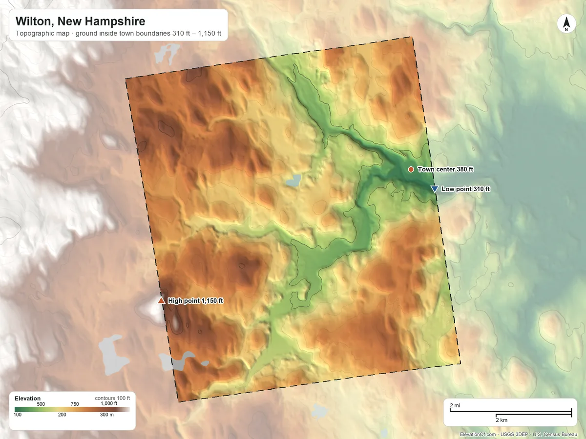 Topographic elevation map of Wilton, New Hampshire, shaded from 310 ft near the middle to 1,150 ft on the southwest edge, below higher ground just outside