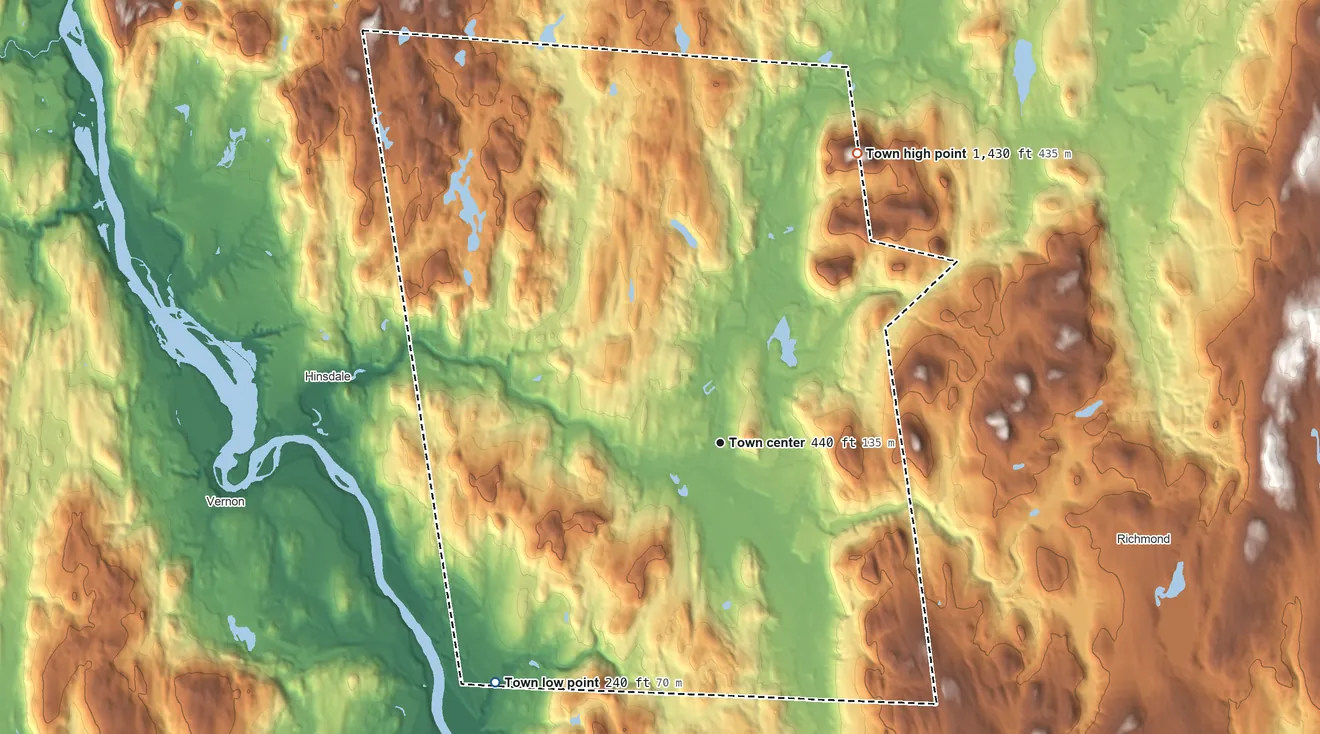 Topographic elevation map of Winchester, New Hampshire, shaded from 240 ft on the southwest side to 1,430 ft on Franklin Mountain