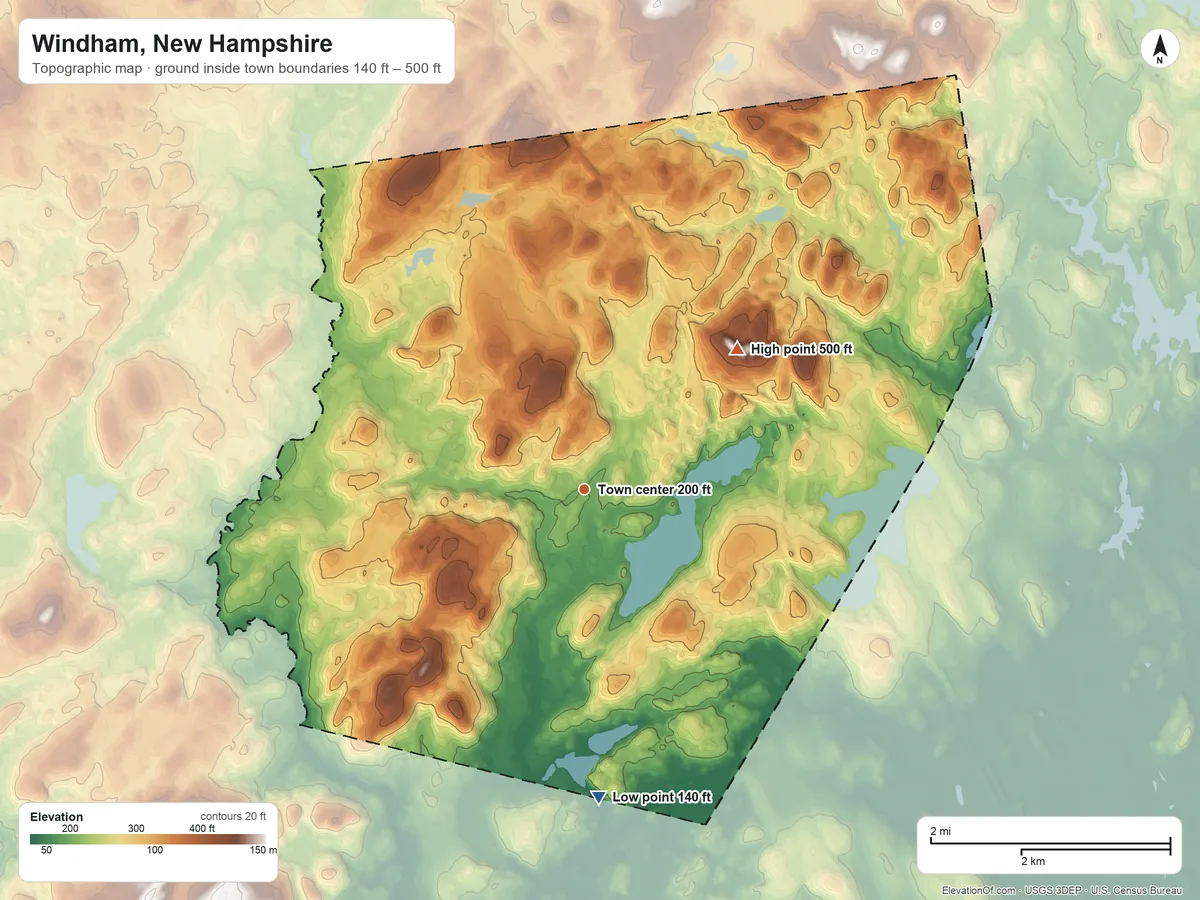 Topographic elevation map of Windham, New Hampshire, shaded from 140 ft on the south side to 500 ft on Jennys Hill