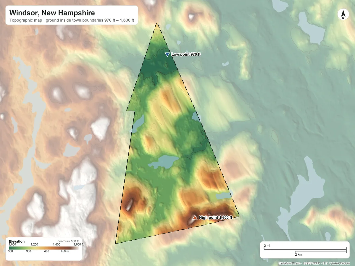 Topographic elevation map of Windsor, New Hampshire, shaded from 970 ft on the north side to 1,600 ft on Windsor Mountain