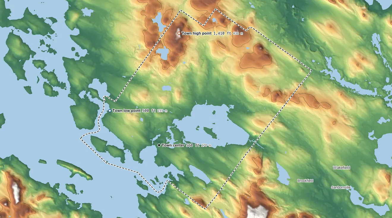 Topographic elevation map of Wolfeboro, New Hampshire, shaded from 500 ft on the northwest side to 1,410 ft on Moody Mountain