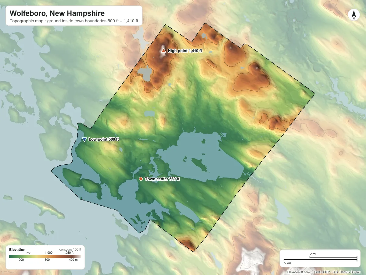 Topographic elevation map of Wolfeboro, New Hampshire, shaded from 500 ft on the northwest side to 1,410 ft on Moody Mountain