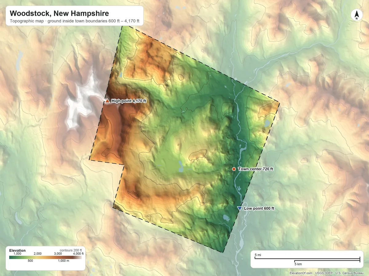 Topographic elevation map of Woodstock, New Hampshire, shaded from 600 ft on the south side to 4,170 ft on Mount Jim