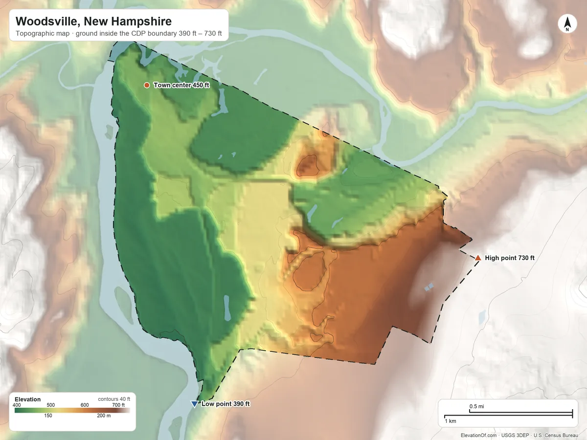 Topographic elevation map of Woodsville, New Hampshire, shaded from 390 ft on the south side to 730 ft on the southeast edge, below higher ground just outside