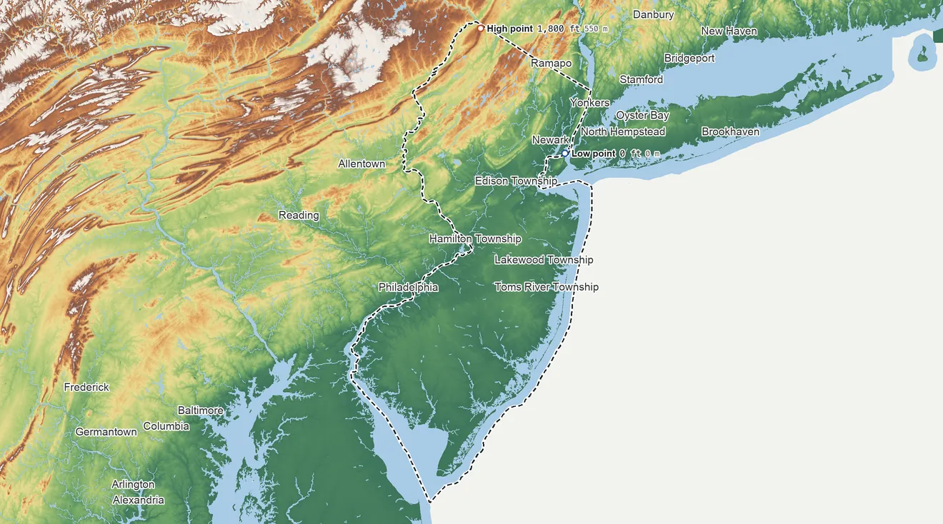 Topographic elevation map of New Jersey, shaded from sea level on New York Bay to 1,800 ft on Kittatinny Mountain