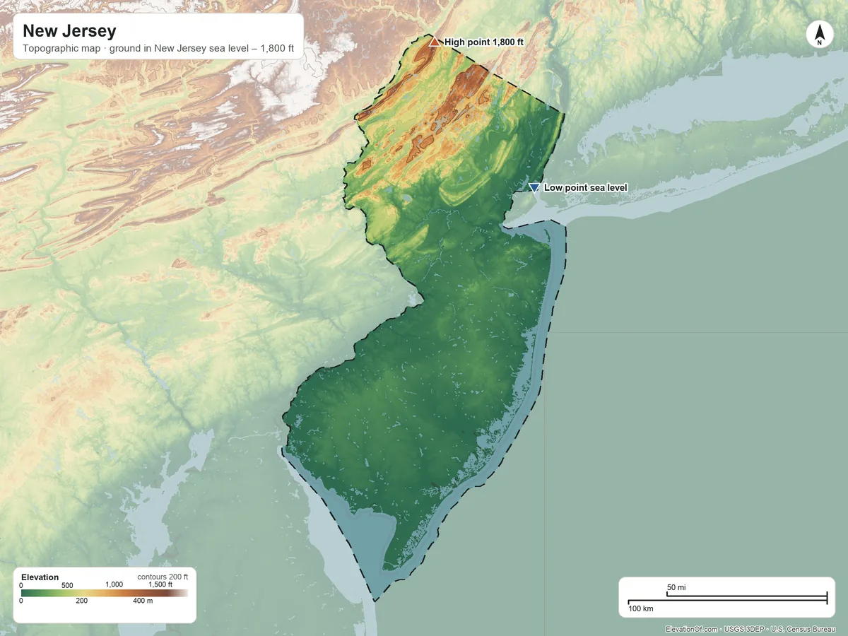 Topographic elevation map of New Jersey, shaded from sea level on New York Bay to 1,800 ft on Kittatinny Mountain