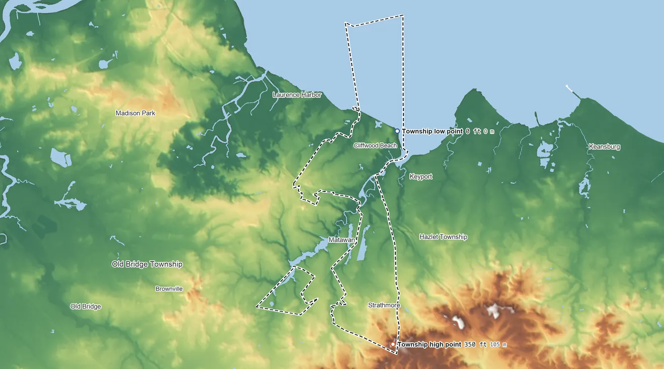 Topographic elevation map of Aberdeen Township, New Jersey, shaded from sea level level on Raritan Bay to 350 ft on the south side