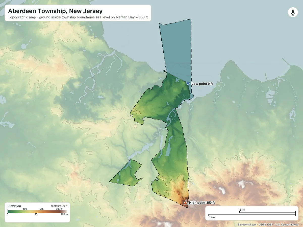 Topographic elevation map of Aberdeen Township, New Jersey, shaded from sea level level on Raritan Bay to 350 ft on the south side