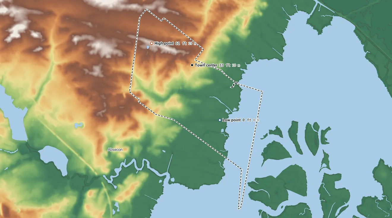 Topographic elevation map of Absecon Highlands, New Jersey, shaded from sea level level on Reeds Bay to 61 ft on the northwest side