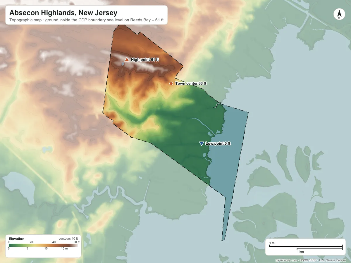 Topographic elevation map of Absecon Highlands, New Jersey, shaded from sea level level on Reeds Bay to 61 ft on the northwest side