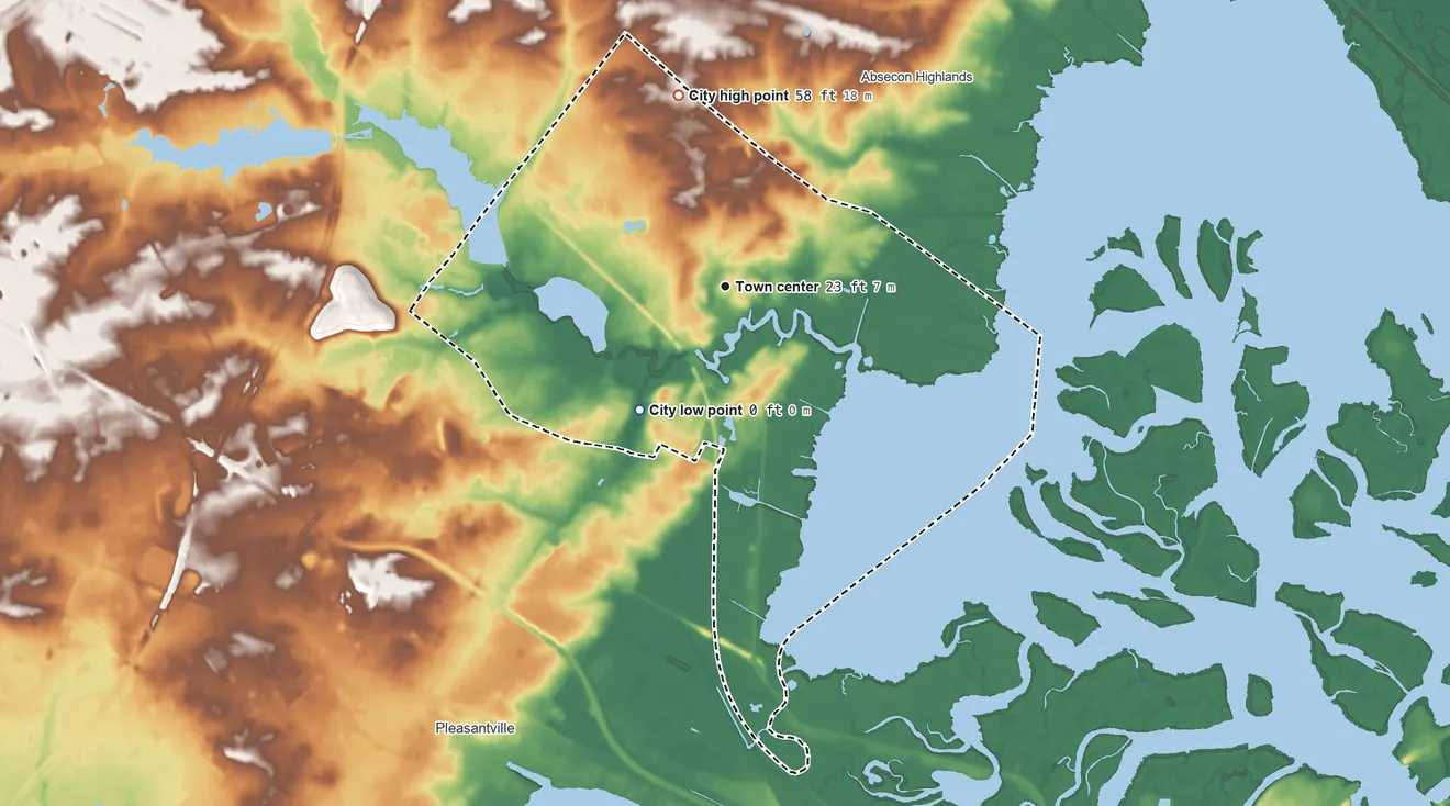 Topographic elevation map of Absecon, New Jersey, shaded from sea level level on Absecon Bay to 58 ft on the north side