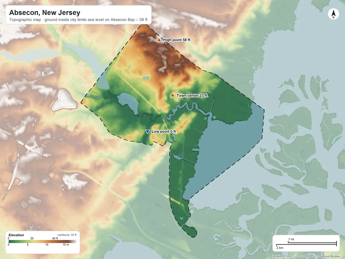 Topographic elevation map of Absecon, New Jersey, shaded from sea level level on Absecon Bay to 58 ft on the north side