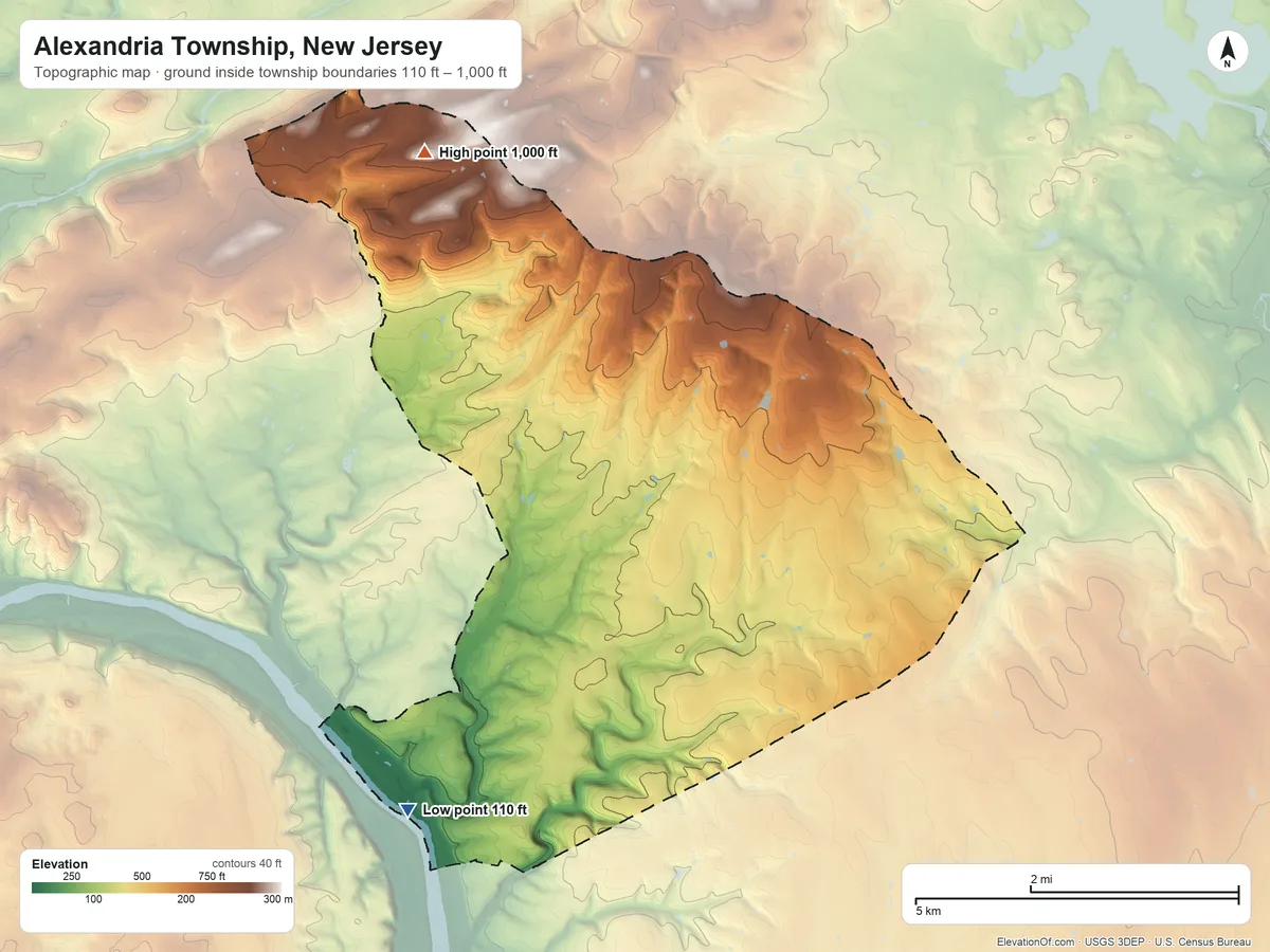 Topographic elevation map of Alexandria Township, New Jersey, shaded from 110 ft on the southwest side to 1,000 ft on the northwest side