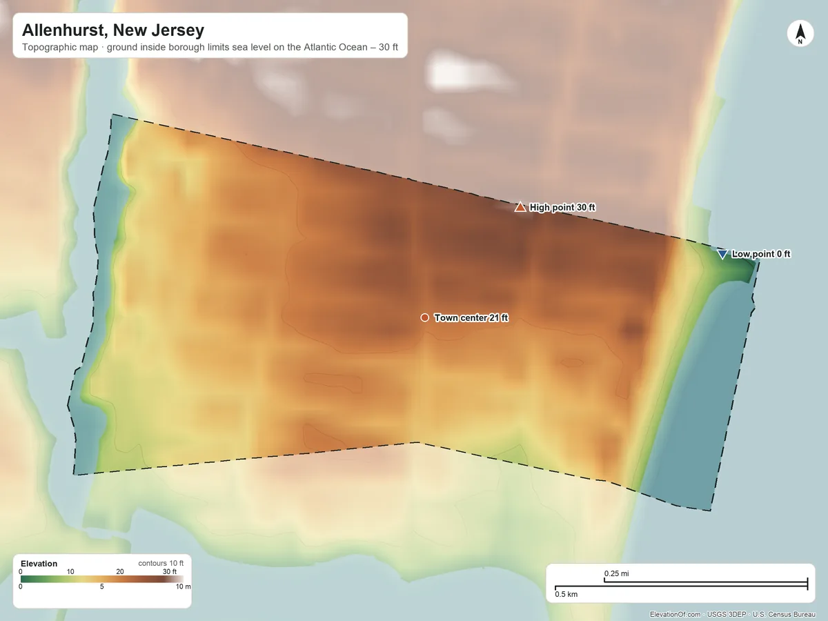 Topographic elevation map of Allenhurst, New Jersey, shaded from sea level level on the Atlantic Ocean to 30 ft on the northeast side