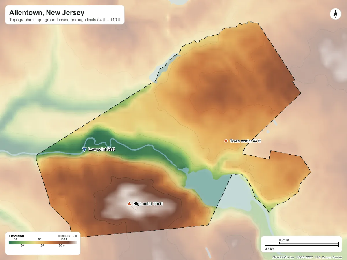 Topographic elevation map of Allentown, New Jersey, shaded from 54 ft on the west side to 110 ft on the southwest side