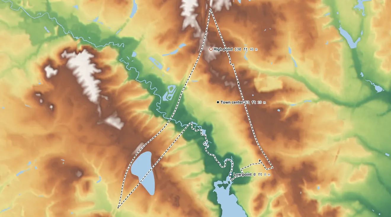 Topographic elevation map of Allenwood, New Jersey, shaded from 0 ft on the south side to 130 ft on the north side