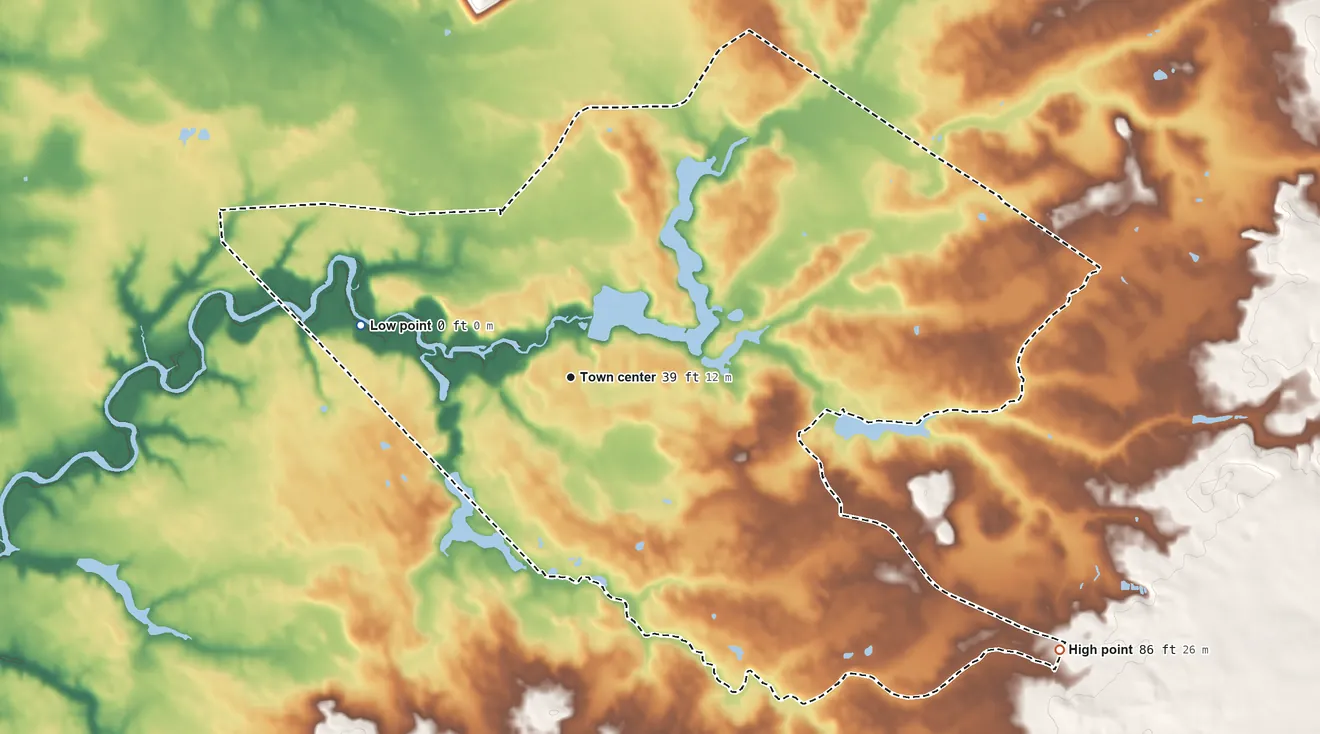 Topographic elevation map of Alloway, New Jersey, shaded from 0 ft on the west side to 86 ft on the southeast side