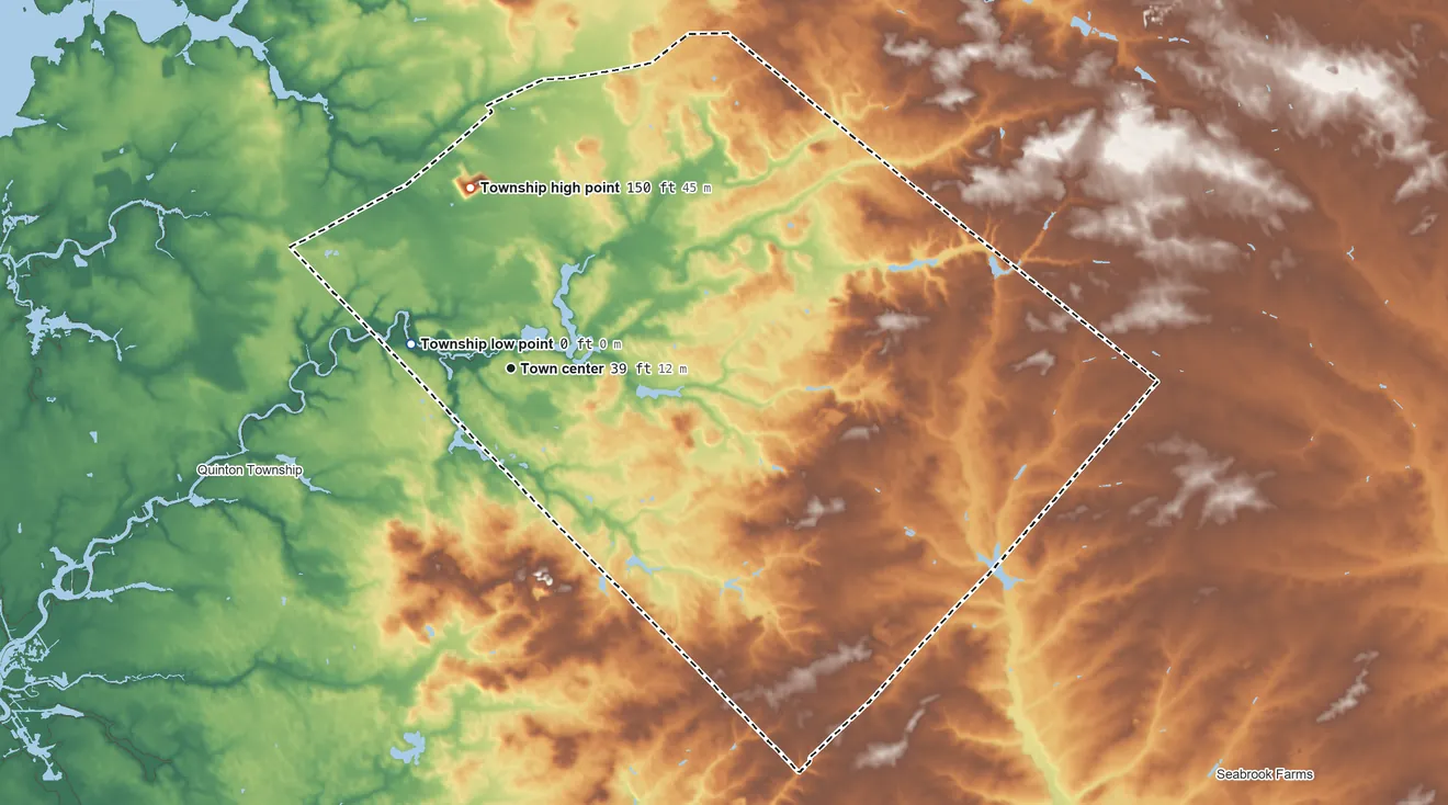 Topographic elevation map of Alloway Township, New Jersey, shaded from 0 ft near the middle to 150 ft on the north side
