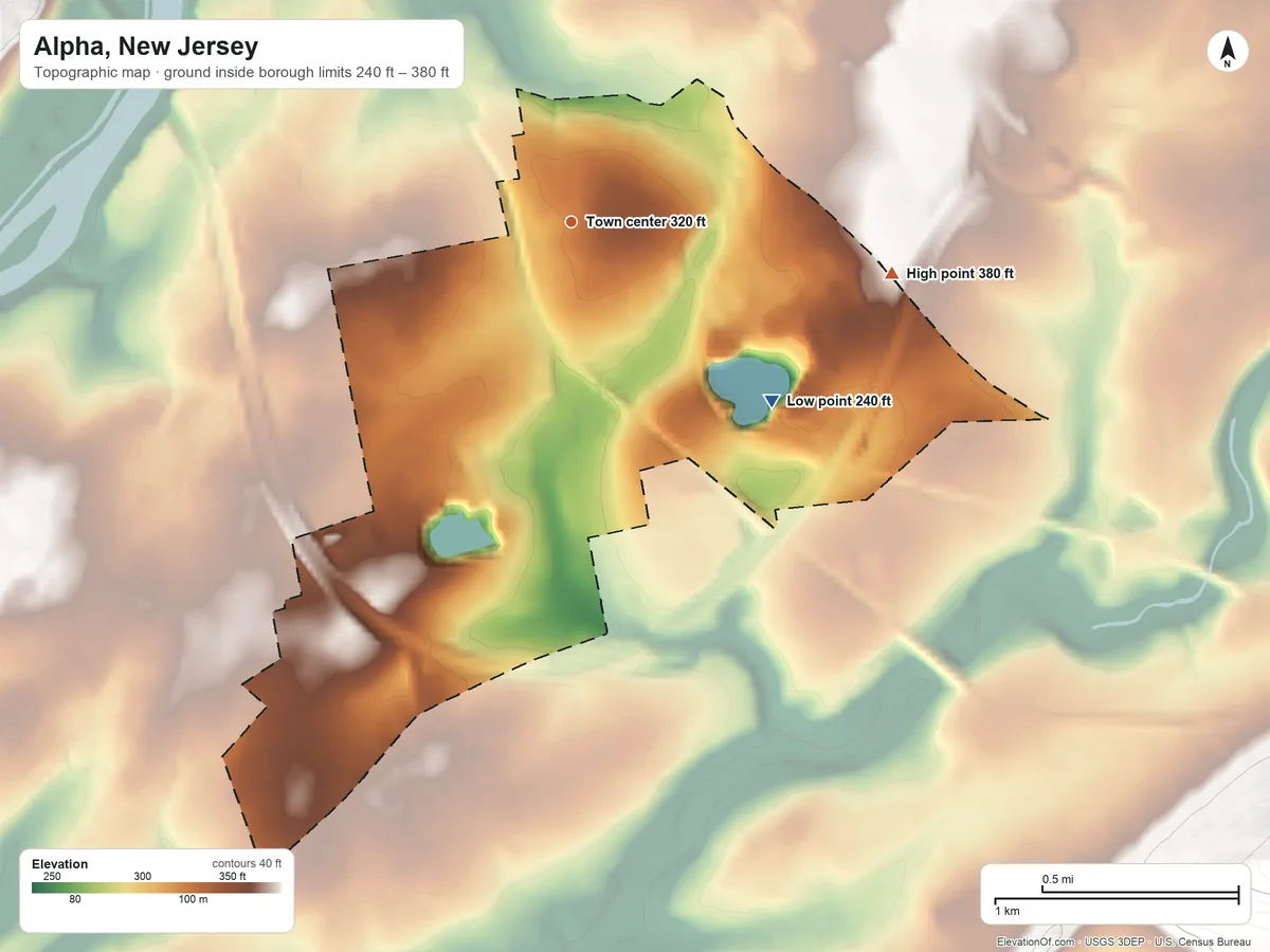 Topographic elevation map of Alpha, New Jersey, shaded from 240 ft on the southeast side to 380 ft on the east edge, below higher ground just outside