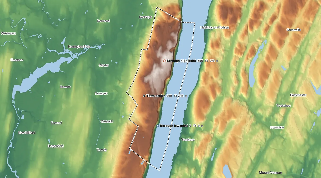 Topographic elevation map of Alpine, New Jersey, shaded from 0 ft on the southeast side to 550 ft on the northeast side