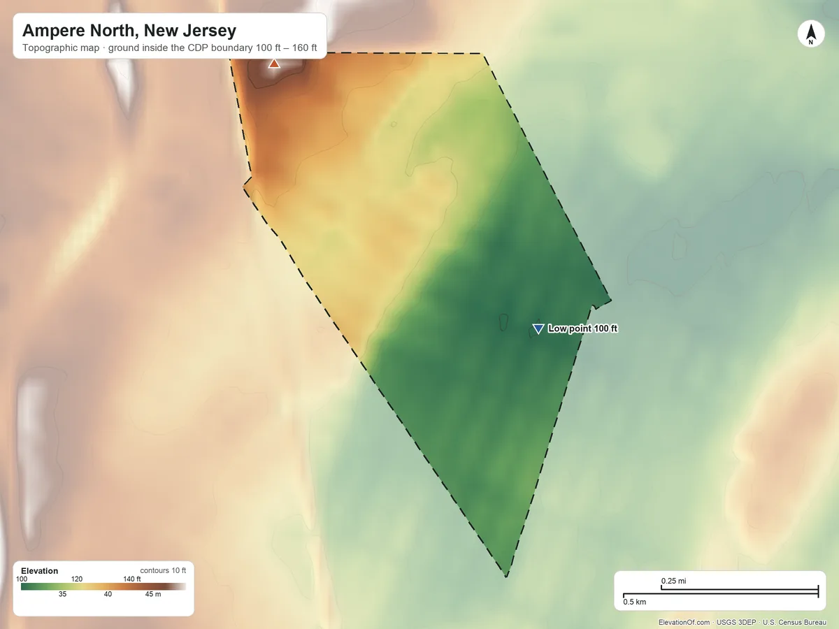 Topographic elevation map of Ampere North, New Jersey, shaded from 100 ft on the southeast side to 160 ft on the northwest side
