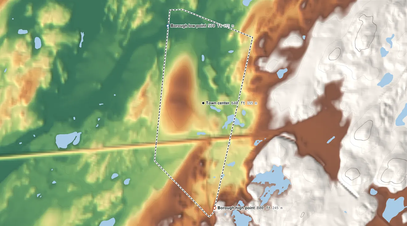 Topographic elevation map of Andover, New Jersey, shaded from 570 ft on the northwest side to 800 ft at the foot of the Sparta Mountains