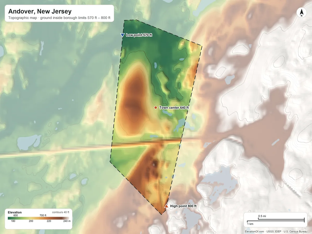 Topographic elevation map of Andover, New Jersey, shaded from 570 ft on the northwest side to 800 ft at the foot of the Sparta Mountains
