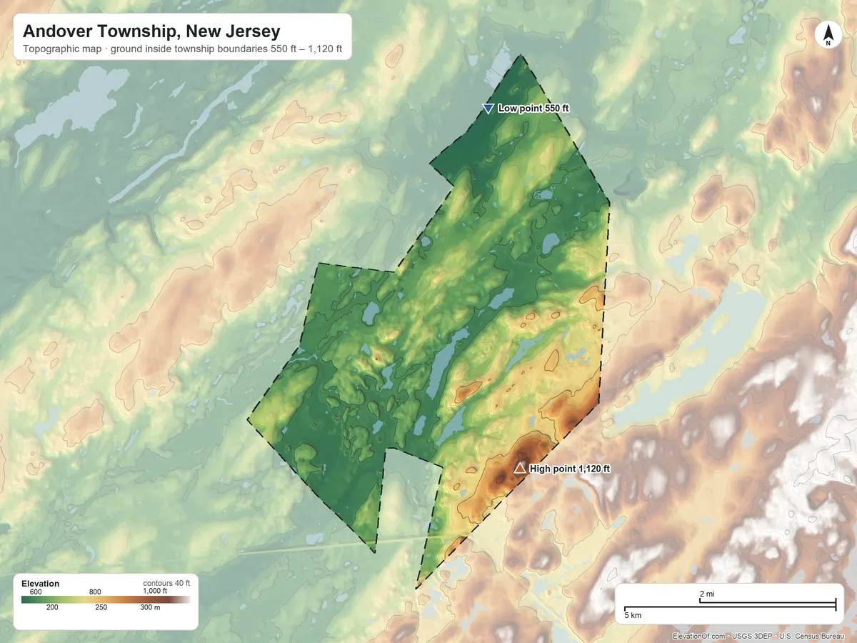 Topographic elevation map of Andover Township, New Jersey, shaded from 550 ft on the north side to 1,120 ft on the south side