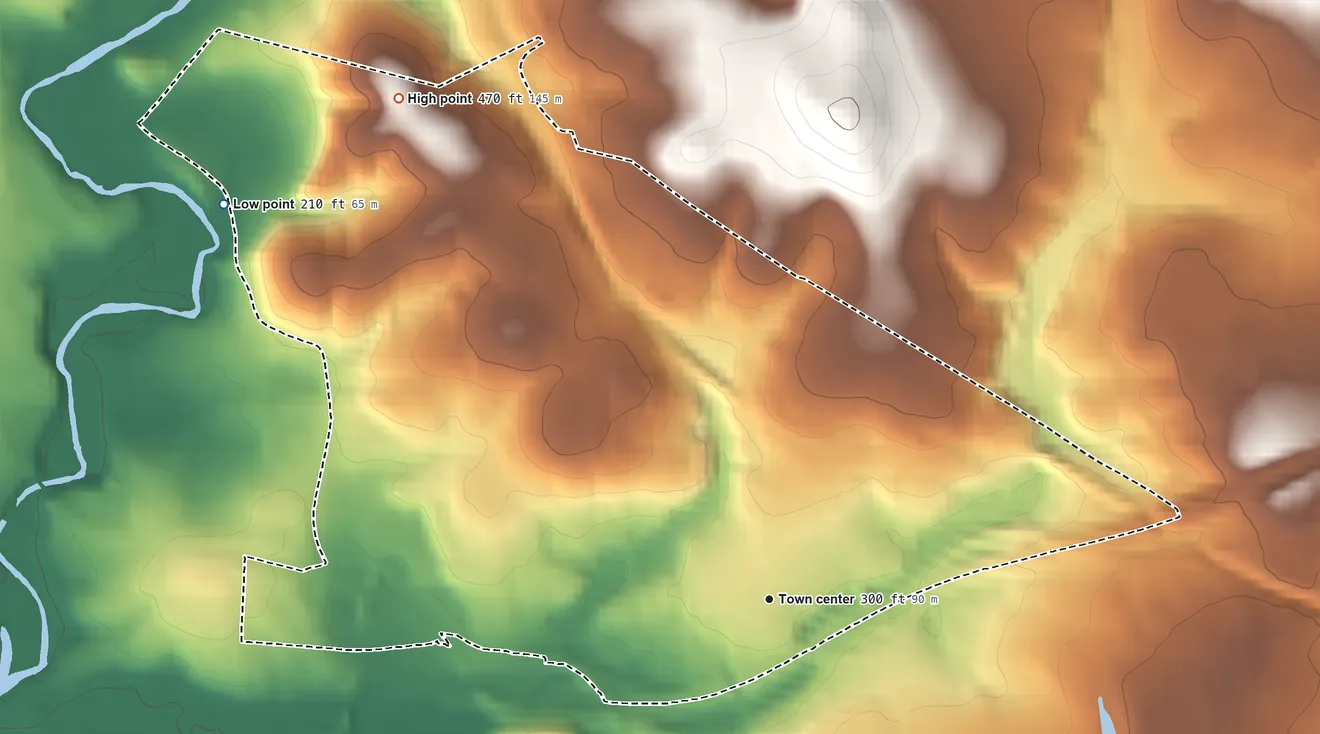 Topographic elevation map of Annandale, New Jersey, shaded from 210 ft on the northwest side to 470 ft at the foot of the Fox Hill Range