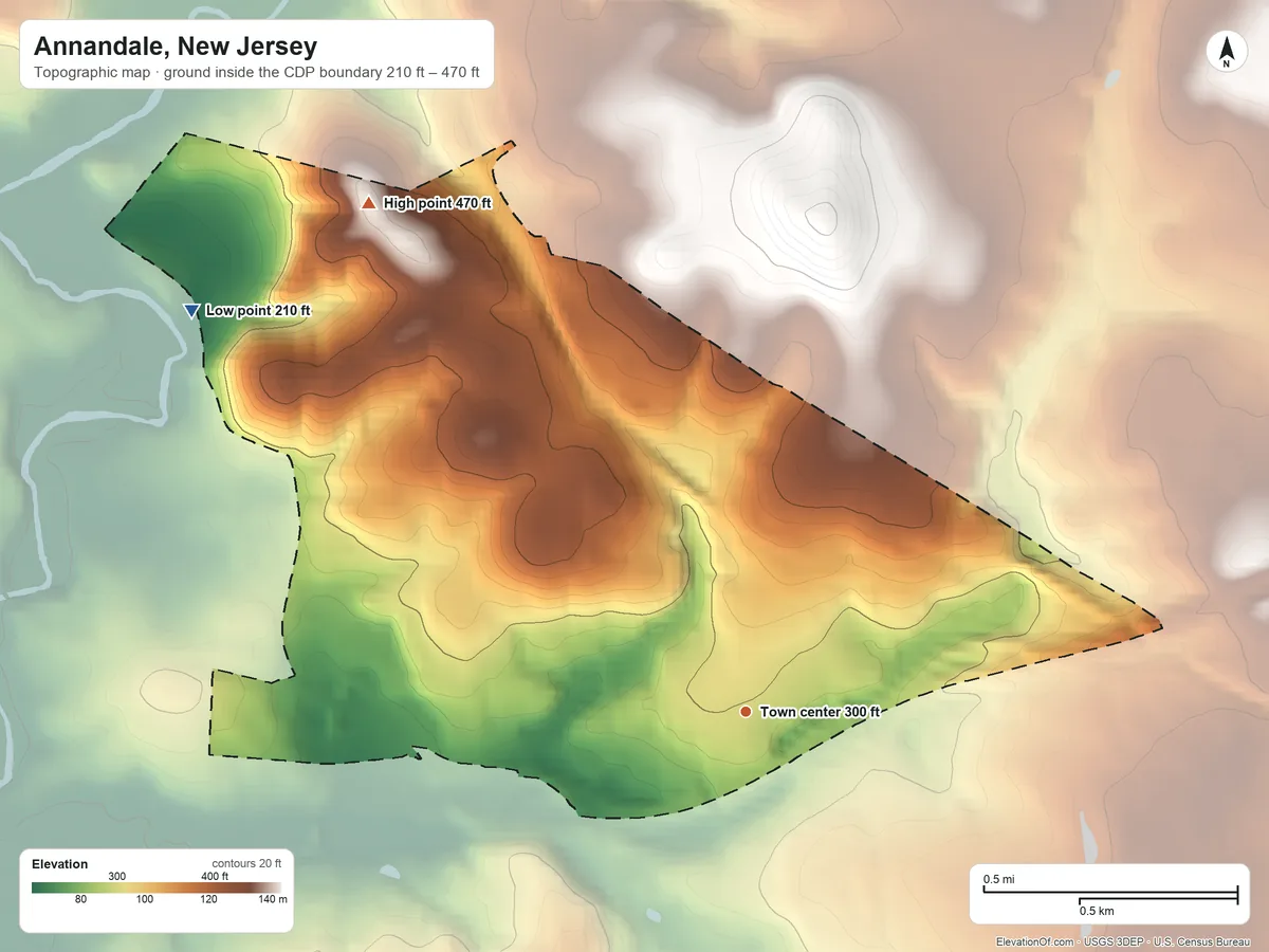 Topographic elevation map of Annandale, New Jersey, shaded from 210 ft on the northwest side to 470 ft at the foot of the Fox Hill Range