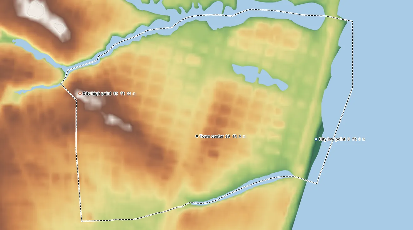 Topographic elevation map of Asbury Park, New Jersey, shaded from sea level level on the Atlantic Ocean to 39 ft on the west side