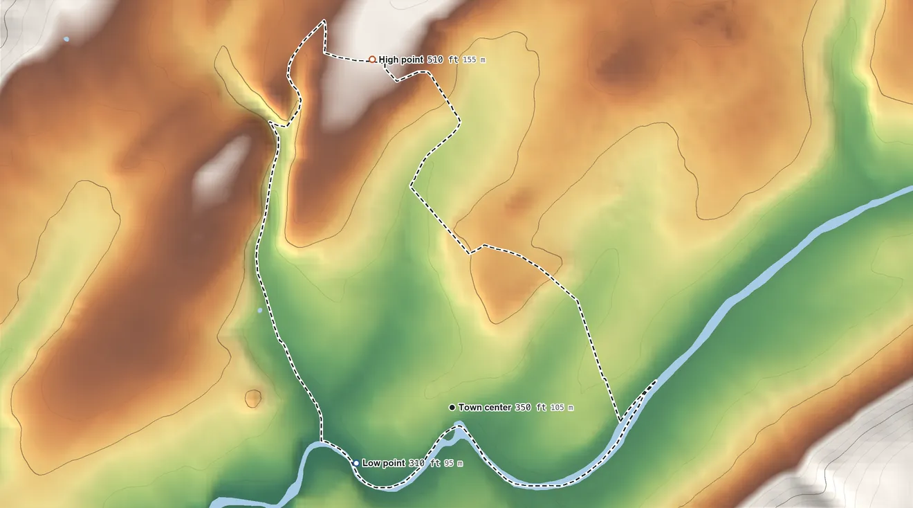 Topographic elevation map of Asbury, New Jersey, shaded from 310 ft on the southwest side to 510 ft at the foot of the Fox Hill Range
