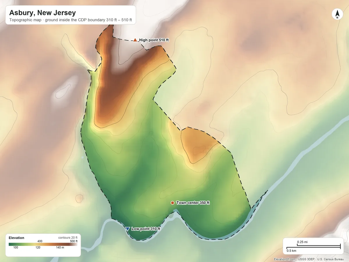Topographic elevation map of Asbury, New Jersey, shaded from 310 ft on the southwest side to 510 ft at the foot of the Fox Hill Range