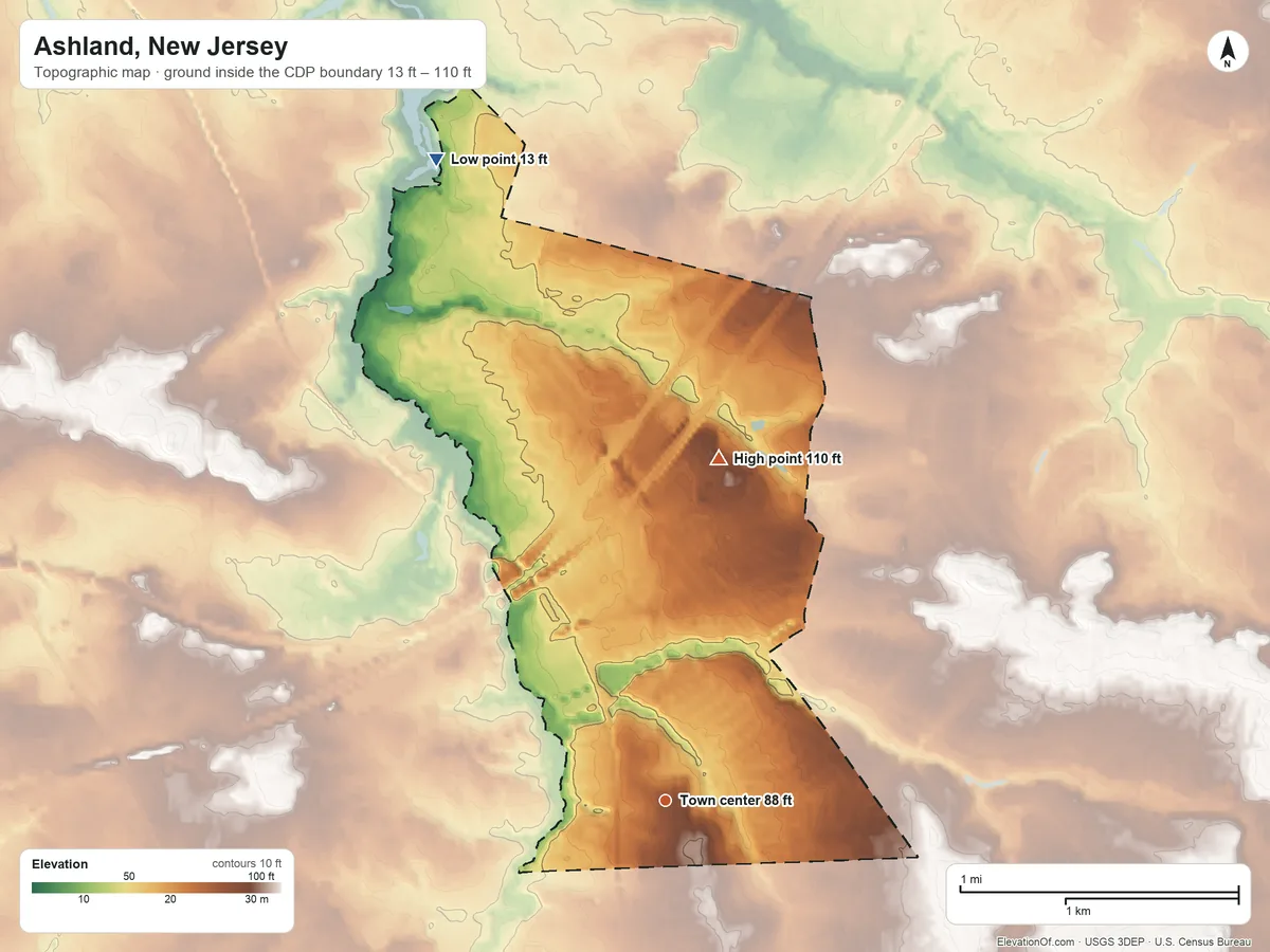Topographic elevation map of Ashland, New Jersey, shaded from 13 ft on the north side to 110 ft on the north side