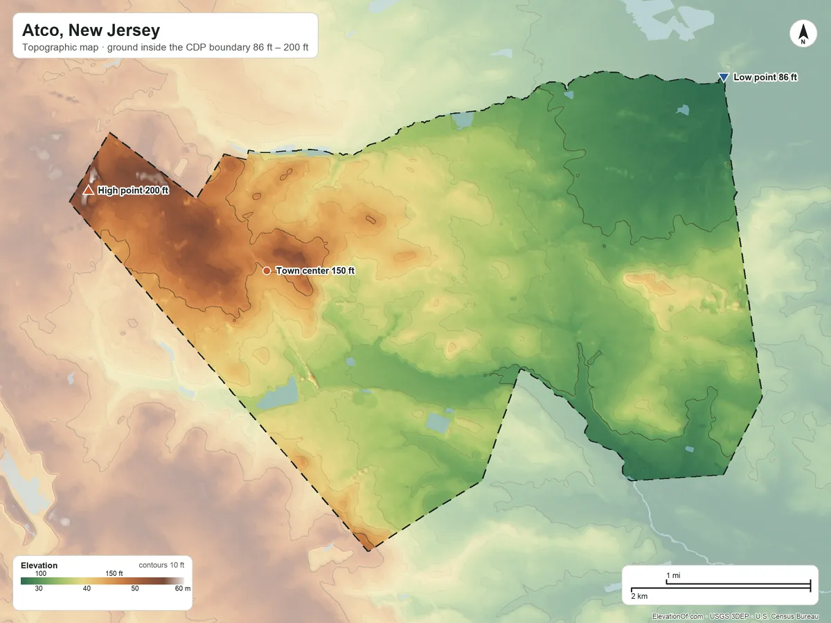 Topographic elevation map of Atco, New Jersey, shaded from 86 ft on the northeast side to 200 ft on the northwest side