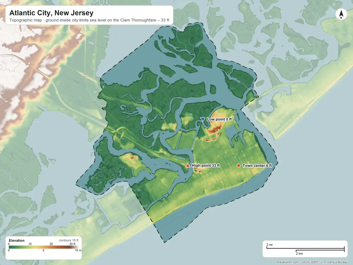 Topographic elevation map of Atlantic City, New Jersey, shaded from sea level level on the Clam Thoroughfare to 33 ft on the west side