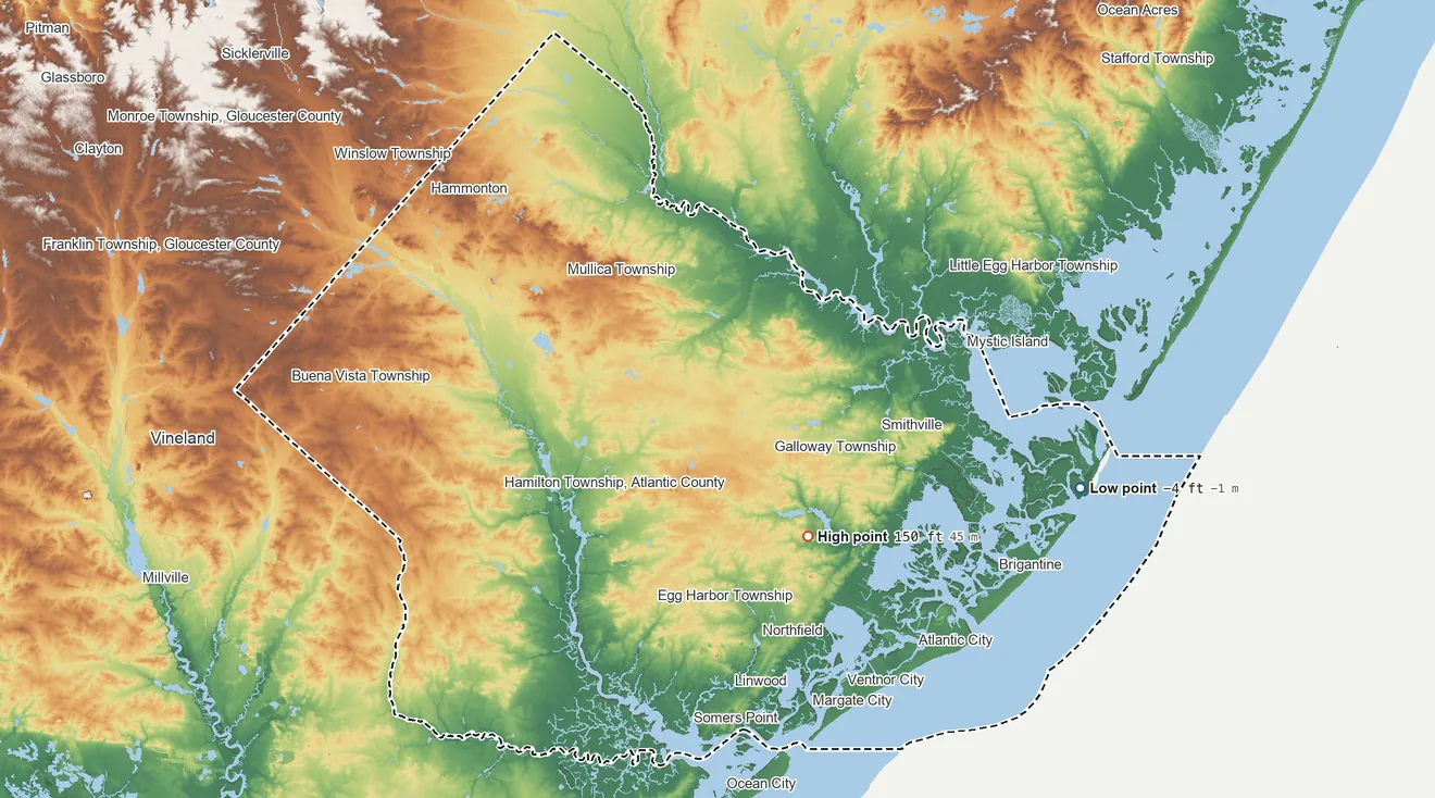 Topographic elevation map of Atlantic County, New Jersey, shaded from 4 ft below sea level on the east side to 150 ft on the southeast side