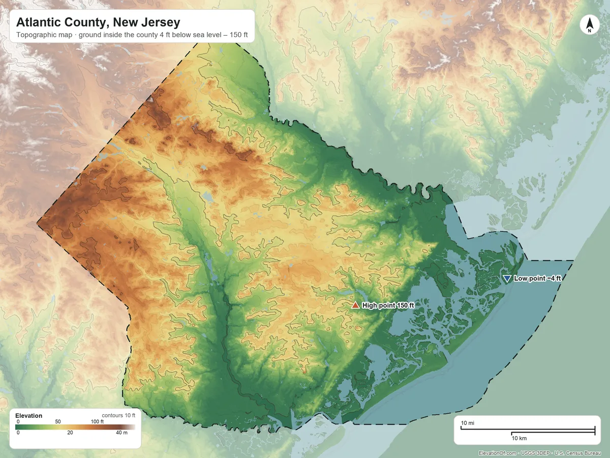 Topographic elevation map of Atlantic County, New Jersey, shaded from 4 ft below sea level on the east side to 150 ft on the southeast side