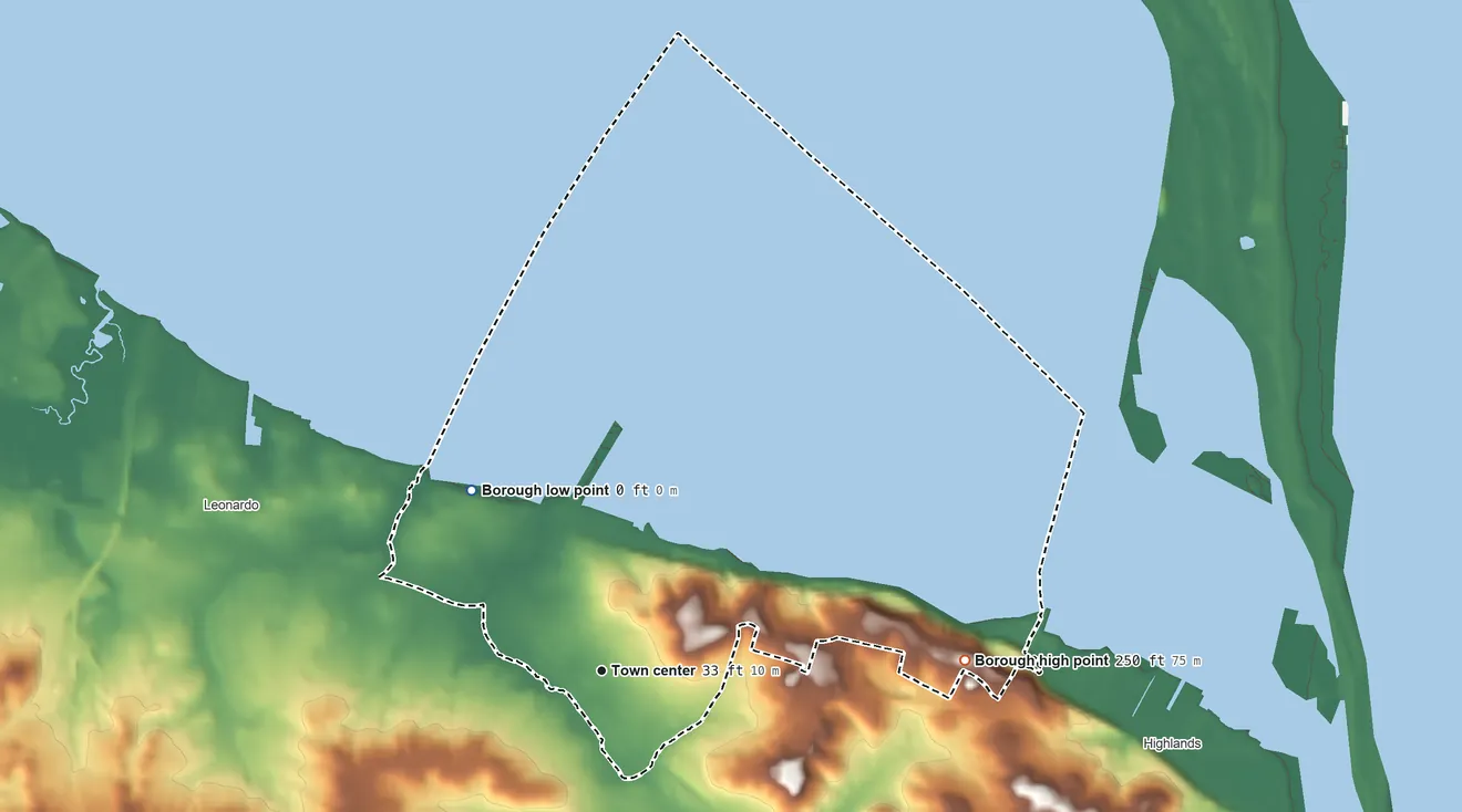Topographic elevation map of Atlantic Highlands, New Jersey, shaded from sea level level on Sandy Hook Bay to 250 ft on the east side