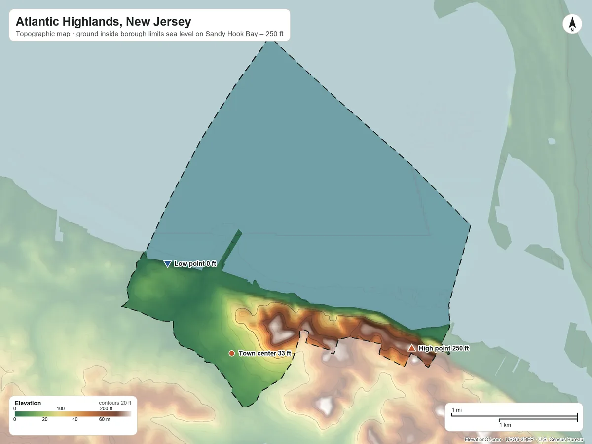 Topographic elevation map of Atlantic Highlands, New Jersey, shaded from sea level level on Sandy Hook Bay to 250 ft on the east side