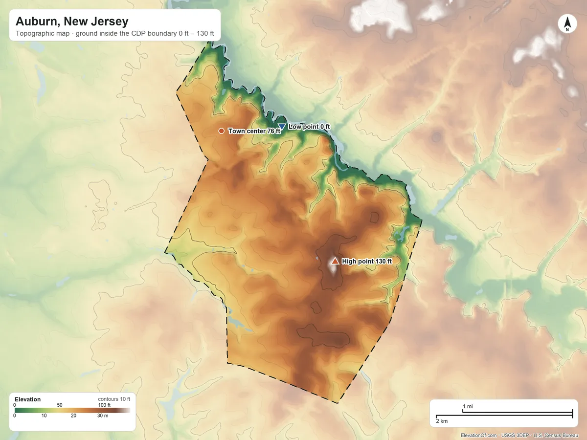 Topographic elevation map of Auburn, New Jersey, shaded from 0 ft on the east side to 130 ft on the southeast side