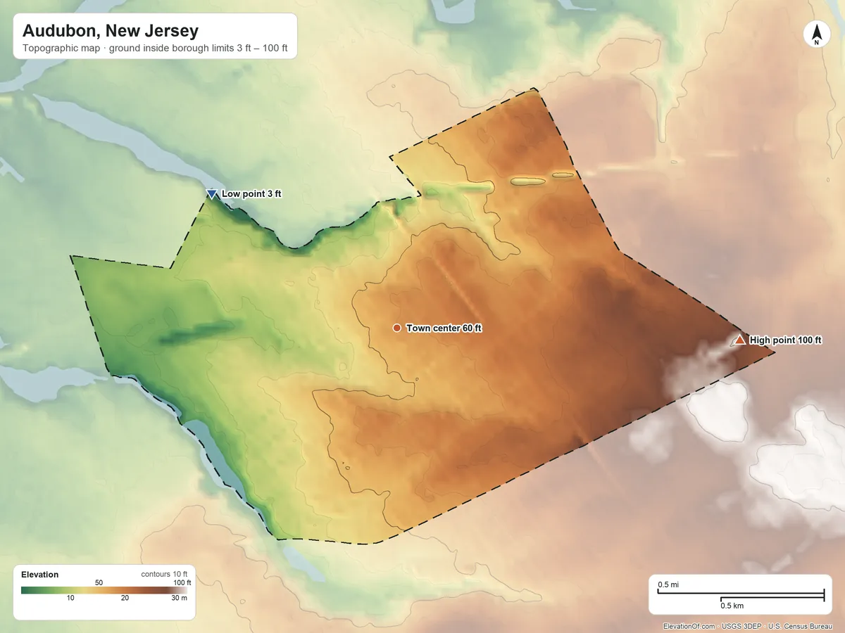 Topographic elevation map of Audubon, New Jersey, shaded from 3 ft on the northwest side to 100 ft on the east side